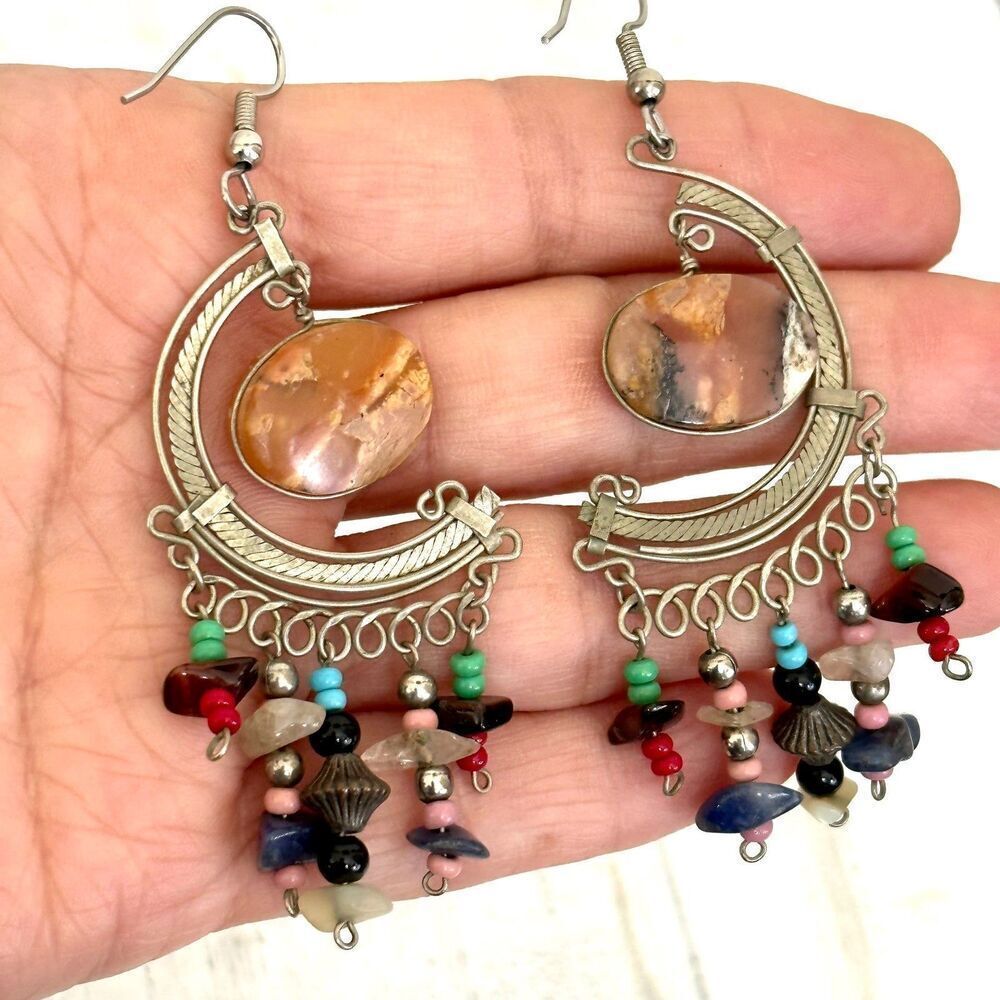 Silver tone agate natural stones earrings